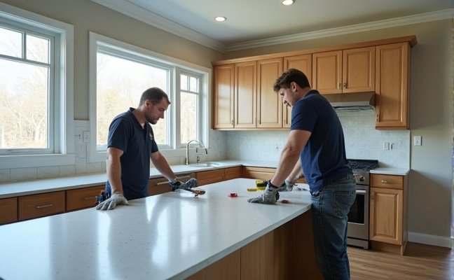 A detailed image of a professional renovation team in Toronto, working efficiently on a large-scale kitchen upgrade, equipped with professional tools and adhering to Toronto's specific building codes and regulations, showcasing the speed, expertise, and regulatory compliance of professional renovations