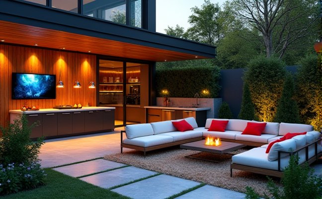 A vibrant outdoor living area equipped with weatherproof electronics, comfortable furniture, and a fully functional outdoor kitchen, surrounded by lush greenery, representing the rising trend of outdoor living spaces in 2025