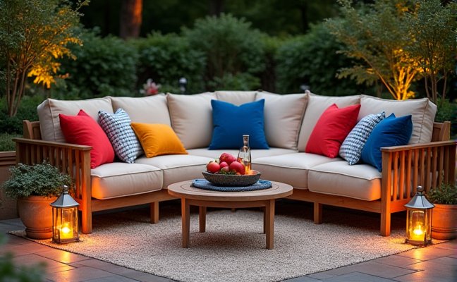 A detailed view of an outdoor living space highlighting the use of soft furnishings and lighting, showcasing colorful weather-resistant throw pillows and blankets, an outdoor rug, path lights ensuring safety, and whimsical lanterns adding a warm glow