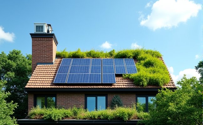 A Toronto home's rooftop featuring solar panels absorbing sunlight, a visible HVAC system, and a portion of the roof covered with lush green plants, illustrating a green roof, with a clear blue sky in the background