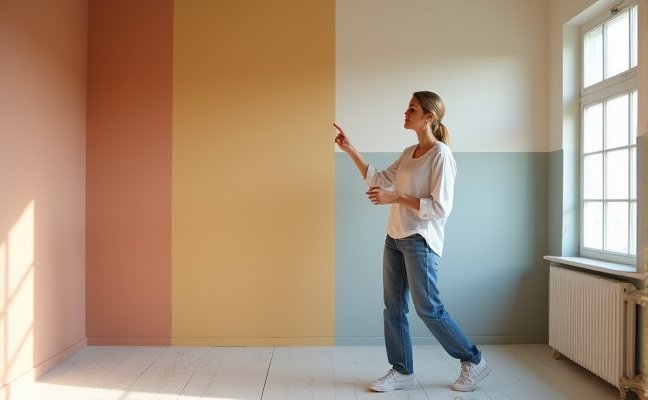 An image of a professional interior decorator in a room with walls painted in a combination of different finishes. The decorator is pointing towards the walls, illustrating the concept of experimenting with paint finishes, and demonstrating how different finishes can be used in the same room for interesting effects