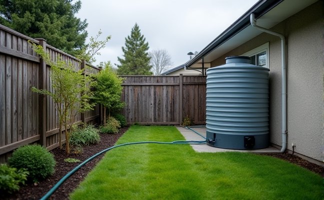 A rainwater harvesting system installed in a suburban backyard, with a large storage tank, gutters directing rainwater into the tank, and a connected hose for use. The sky should be cloudy, suggesting recent or impending rain, emphasizing the practicality of the system