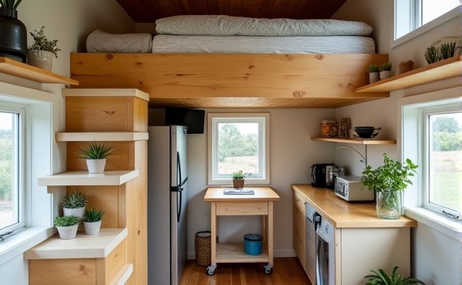 A vertical perspective of a tiny home, with a loft bed at the top and a cozy workspace underneath. The room should also have stackable appliances and cleverly hidden storage spaces like drawers built into the stairs. Room dividers separating the sleeping area from the workspace, and compact, portable furniture like a rolling kitchen cart in the scene